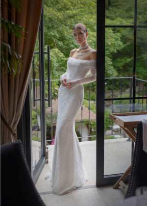 Off Shoulder Ivory Allover Lace Corset Back Sweet Wedding Dress